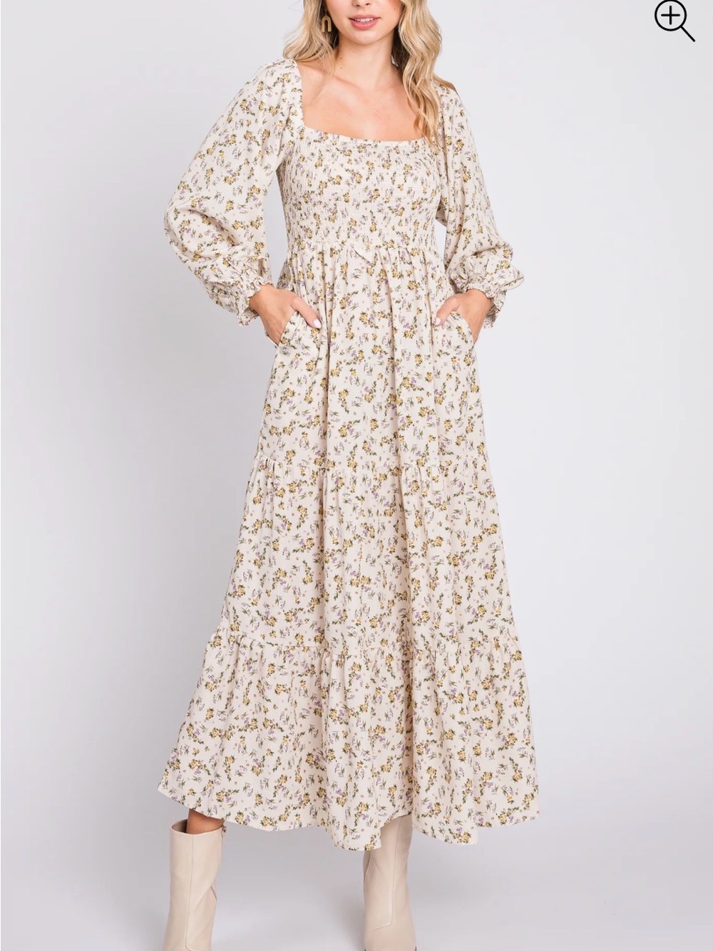 Floral Square-Neck Smocked Long Sleeve Maxi Dress - Cream